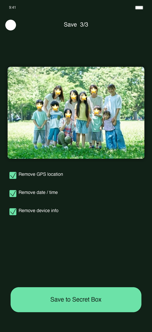 Save screen with EXIF removal checkboxes